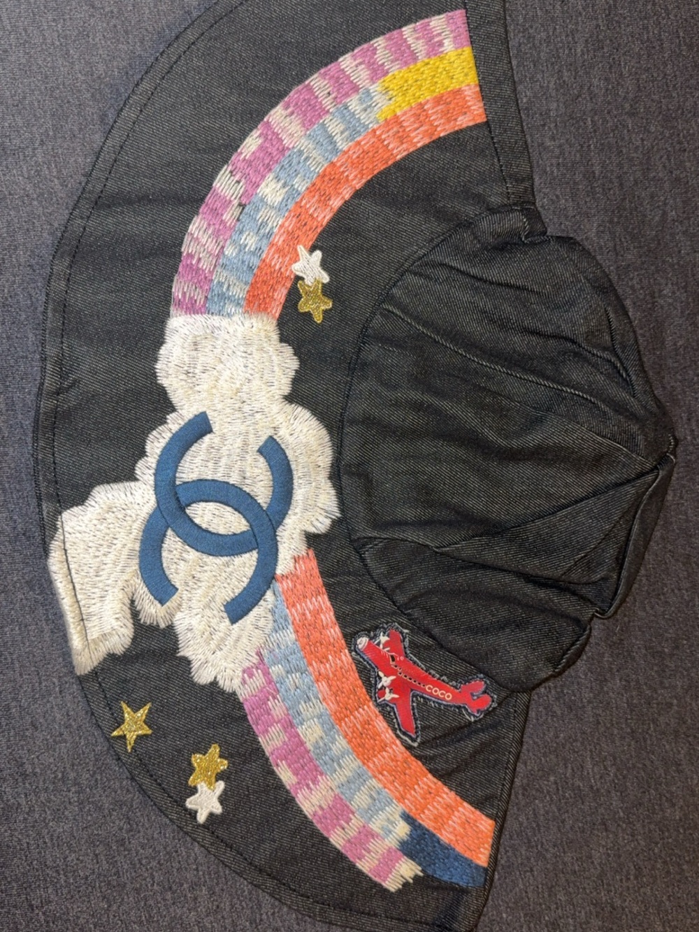 Black Denim Bucket Hat with Rainbow & Blue CC